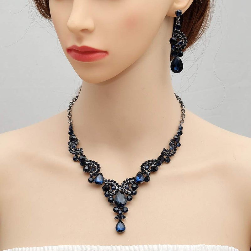 CSY 4 Pcs/Sets Vintage Necklace Earrings Bracelet Ring Retro Bridal Wedding Costume Jewelry Sets for Brides Women Gifts (Navy Blue) - Image 5